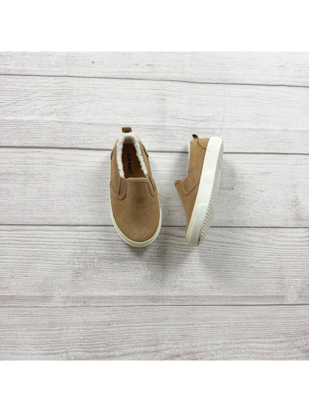 Old Navy Toddler Slip On Faux Suede Shoes Sherpa Lining Tan 6 - Picture 1 of 5